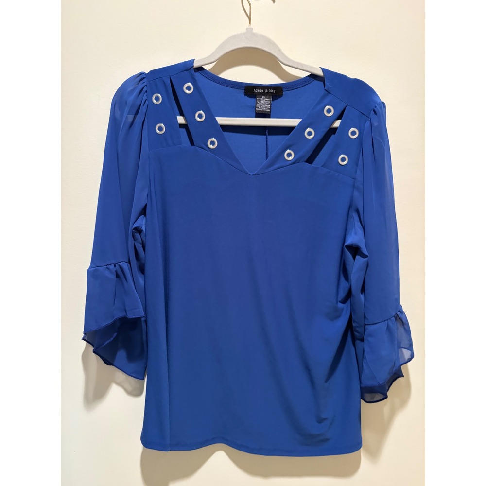 Adele & May Royal Blue Cutout Grommet V-Neck Ruffle Sleeve Blouse XL N24583